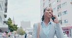 Phone call, black woman and business communication in the city with a smile on travel. Walking, urban street and employee with mobile networking and online conversation outdoor speaking with mockup