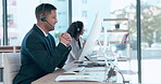 Businessman, call center and consulting with headphones on computer in customer service or support agency. Happy man consultant agent talking on headset in contact us for online advice at the office