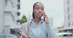 Business, phone call and black woman outdoor, talking and communication in city, planning and connection. Female employee, entrepreneur and consultant with cellphone, speaking and chatting in town