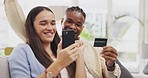 Phone, couple and credit card for online shopping with celebration in home on sofa. Cellphone, ecommerce or excited black man and woman with discount, winning or success, interracial prize or payment