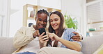 Phone, smile and couple relax in home living room, bonding and streaming movie on sofa. Interracial, cellphone and happy black man and woman watching video, online shopping or social media together.