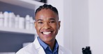 Face, research and black man with smile, medical and confidence in laboratory, innovation and skills. Portrait, African American male employee and scientist with breakthrough, healthcare and laughing