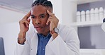 Researcher, stress and black man, with headache, burnout and medical problems in laboratory. African American male employee, scientist and worker with migraine, exhausted or tired with fatigue in lab