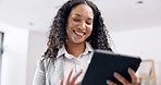 Business, smile and woman with a tablet, typing or digital planning in workplace. Female employee, entrepreneur or consultant with technology, device or happiness with connection, network or creative