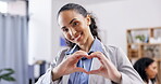 Office, business woman and heart sign for office care, corporate support or company kindness. Happiness, portrait and person with emoji love gesture for workplace happiness, friendly smile and trust