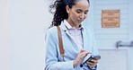 Business woman, street and texting with smartphone for networking, email communication and smile. Young businesswoman, walk and chat with phone on city sidewalk for networking, blog or social media