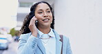 Business woman, phone call and walking in street for conversation, contact and email communication on web. Businesswoman, talking and smartphone on city for negotiation, networking or travel in metro