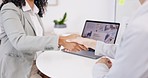 Closeup, laptop or business women with a handshake in job interview for negotiations in office meeting. Digital agency partnership, b2b collaboration or people in a successful agreement shaking hands