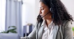 Call center, communication or woman consultant writing info at telecom customer services help desk. Microphone, loan advice or female sales agent consulting, speaking or talking in crm tech support