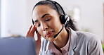 Call center, tired or woman frustrated in customer service consulting, conversation or explaining. Burnout, fatigue or stressed crm sales agent talking or speaking with headache at help desk office