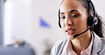 Call center, customer service or face of woman in crm consulting, conversation or explaining. Microphone, headset or sales agent communication, talking or speaking of tech support at help desk office