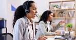 Call center, customer service office or woman consulting, conversation or explaining at help desk. Microphone, insurance advice  or girl sales agent communication, talking or speaking of tech support