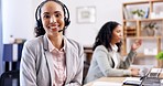 Call center, customer service or face of happy woman consulting, conversation or explaining. Portrait smile, communication or friendly female sales agent talking or speaking of tech support office