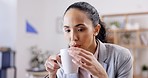Business woman, reading on laptop with coffee cup, focus and concentration with research for project at office. Data analysis, review on digital device with female drinking hot beverage in workplace