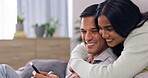 Phone, relax and hug with couple in living room for love, bonding and affectionate. Happy, smile and care with man and woman at home for internet streaming, social media news and technology