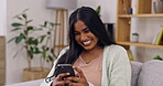 Phone, laugh and happy woman reading funny meme joke, comic or streaming online video, watch comedy or movie. Social media, mobile smartphone and home person laughing at text message, humor or media