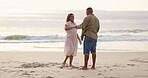 Dance, love and happy with couple on beach for romance, summer vacation and celebration. Bonding, affectionate and happiness with man and pregnant woman for holiday, holding hands and support