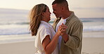 Dance, love and laughing with couple on beach for romance, summer vacation and celebration. Bonding, affectionate and happiness with man and pregnant woman for holiday, holding hands and support