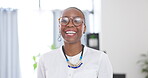 Face, laughing and black woman with tablet for business in office workplace. Portrait, technology and happy, funny and professional person from South Africa with glasses, pride for career and job.