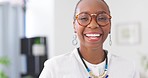 Business, laughing and face of black woman in office workplace with pride for career or job. Portrait, female entrepreneur and happy, funny or professional young person from South Africa with glasses