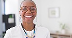 Laughing, business and face of black woman in office workplace with pride for career or job. Portrait, female entrepreneur and happy, funny or professional young person from South Africa with glasses