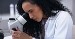 Science, woman and microscope with analysis in laboratory, scientist does experiment and biotechnology. Female doctor, analyze specimen and focus with scientific study and medical research in lab