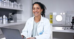 Smile, laptop and face of scientist typing in laboratory for online research or healthcare. Portrait, computer and happy woman, doctor or medical professional with pc for testing, science or analysis