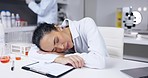 Scientist, tired and woman sleeping in laboratory after working on medical research. Doctor, science and person yawning with fatigue, insomnia or sleepy with burnout, overwork or exhausted female.