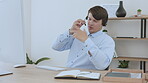 Call center, speaking and business man agent or consultant online advice, virtual support and fast typing on computer. Callcenter, telecom or serious salesman person on desktop, consulting or talking