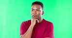 Thinking, confused and black man on green screen studio with decision, choice and gesture on mockup background. Doubt, puzzled and pensive male with emoji for choosing, contemplating or unsure 