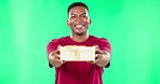 Smile, black man face and gift box giving in green screen with a birthday present with happiness. Package, isolated and studio background with a male portrait ready to celebrate with golden gifts