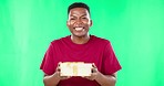 Excited, black man face and gift box in green screen with a birthday present with happiness. Package, isolated and studio background with a African male portrait ready to celebrate with golden gifts