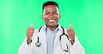 Doctor, black man and smile on green screen with thumbs up, face and agreement, healthcare and positive vote. Mockup, happy male surgeon in portrait, yes or thank you with health on studio background