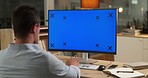 Mockup screen, computer and man in office working online for website, research and browse internet at night. Corporate, business and male worker with monitor for communication, network and branding