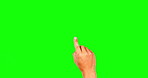 Swiping fingers, hands and mockup green screen isolated on a studio background for interactive experience. Marketing, advertising and a working person with a swipe on a backdrop for an interface