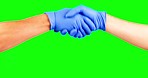 Swiping, green screen and a handshake for a deal and agreement isolated on a studio background. Greeting, welcome and people shaking hands for partnership, cleaning job or doing invisible swipe