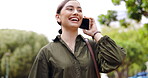 Business woman, phone call and walk in park with smile, happiness and excited for news, conversation or chat. Girl, laugh and happy with smartphone for networking, contact and communication in nature