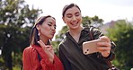 Selfie, women and friends outdoor, smile and weekend break with joy, relax and share post. Females, people and girls with smartphone, social media and memory in a park, care and peace sign on a trip