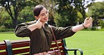 Selfie, hand gesture and woman on bench at park taking pictures for social media influencer. Summer, profile picture and person sitting outdoor taking photo for happy memory, peace sign and thumbs up