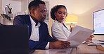 Business, black man and woman with documents, night and discussion for project, planning and feedback. African American female employee, coworkers and staff with review, paperwork and data analysis