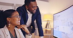 Business people, teamwork and training on computer screen at night for collaboration, planning or strategy at office. Businessman and woman working late in web design on desktop PC at workplace