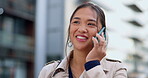 Business woman, phone call and face outdoor in city for communication, investor networking and talking. Asian female with a smartphone, network connection or contact for conversation on urban travel