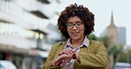 Check time, morning and a woman in commute, calling cab and travel for work in the city. Happy, walking and a young female employee hailing a taxi while checking a watch for traveling schedule