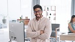 Business man, arms crossed and happy, face with confidence, working in office with career success and smile. Professional mindset, portrait and corporate male lawyer, pride and happiness at law firm