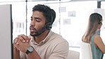 Businessman, call center and consulting on computer for customer service, telemarketing or support at office. Serious man consultant agent talking and explaining with headphones in contact us on PC