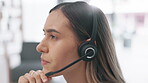 Business woman, call center and thinking in consulting for customer service, telemarketing or support at office. Thoughtful female consultant agent talking and wondering with headphones in contact us