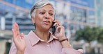 Senior woman, face and phone call in the city for business conversation, idea or proposal in the outdoors. Serious female talking on mobile smartphone in discussion or negotiation in an urban town