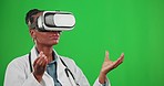 Doctor, green screen or black woman in vr 3d glasses for medical, digital research or online technology. Metaverse, data or nurse on mockup space for healthcare clinic information in virtual reality