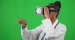 Doctor, green screen or black woman in vr 3d glasses for medical, digital research or online technology. Metaverse, data or nurse on mockup space for healthcare clinic information in virtual reality