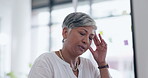 Senior woman, computer and stress headache or exhausted, brain fog and burnout management. Elderly worker, eye strain migraine and working in pain or fatigue, mental health or overworked boss